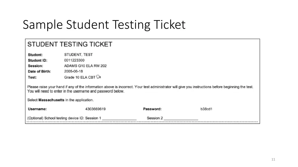 sample student testing ticket