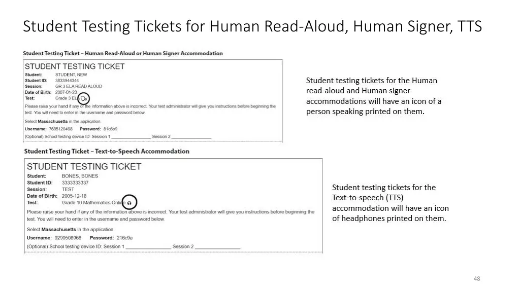 student testing tickets for human read aloud