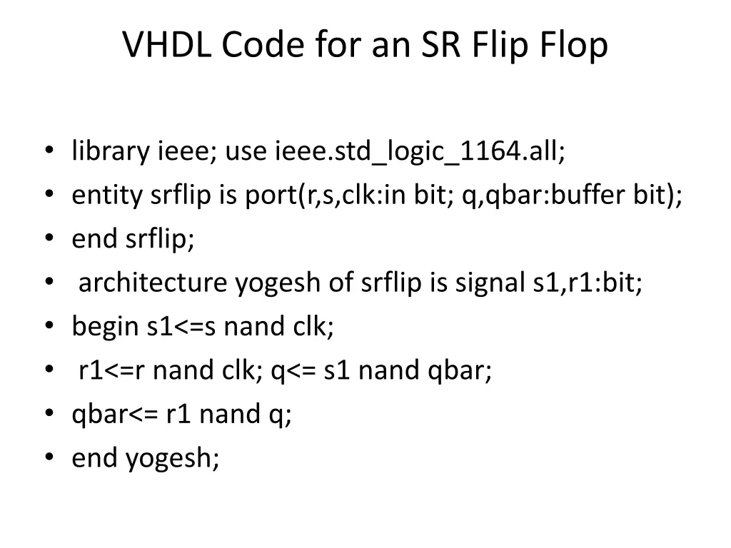 vhdl code for an sr flip flop