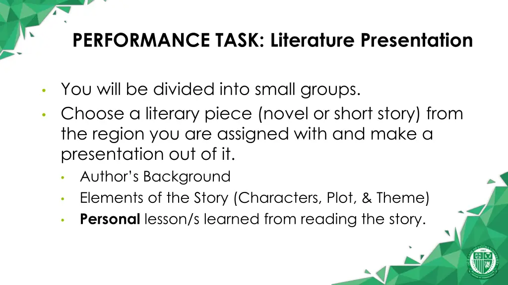 performance task literature presentation