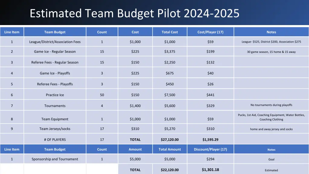 estimated team budget pilot 2024 2025