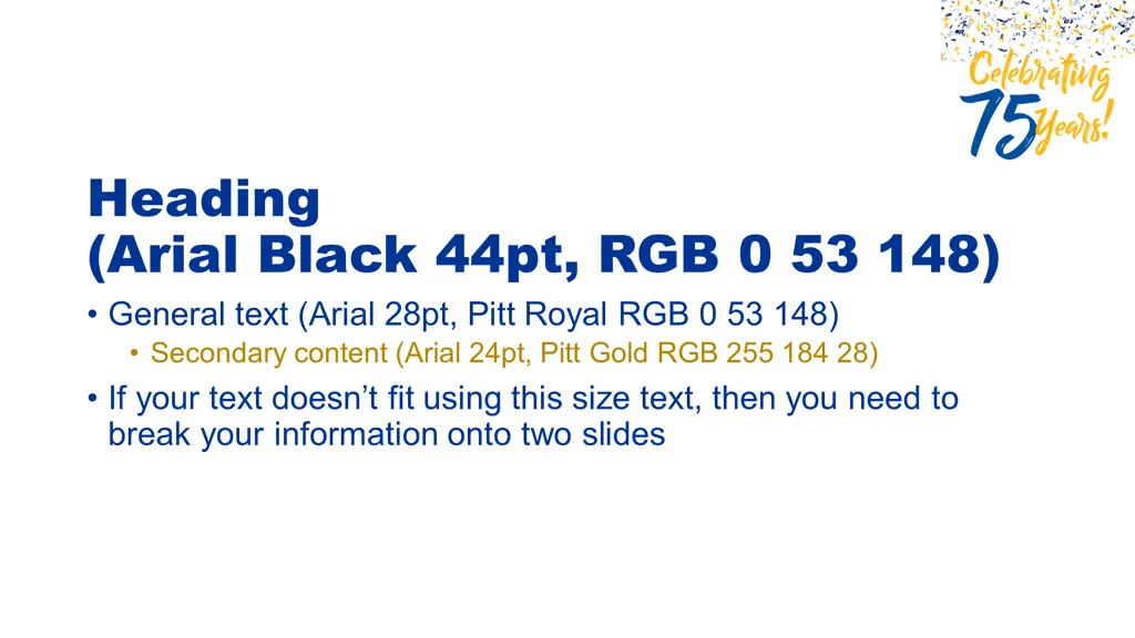 heading arial black 44pt rgb 0 53 148 general