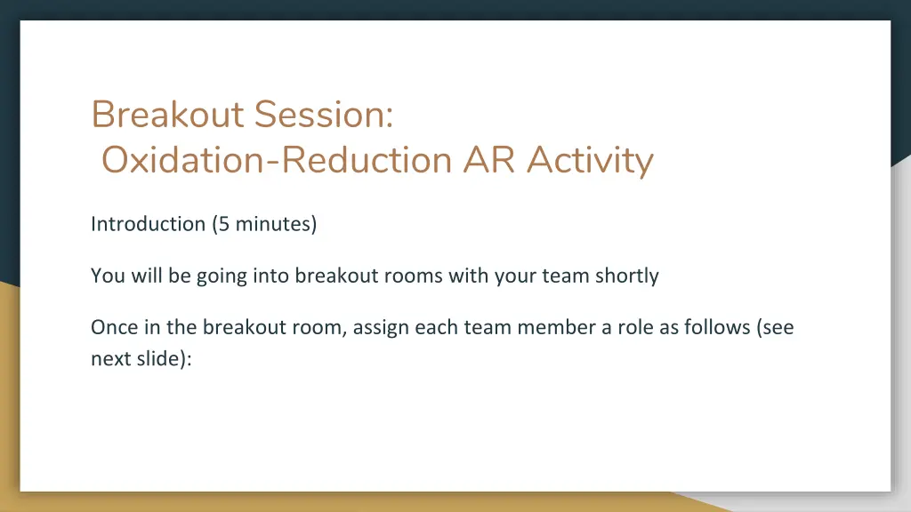breakout session oxidation reduction ar activity