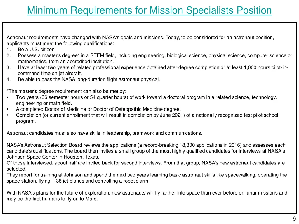 minimum requirements for mission specialists