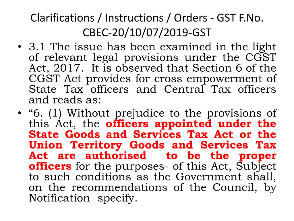 clarifications instructions orders gst f no cbec