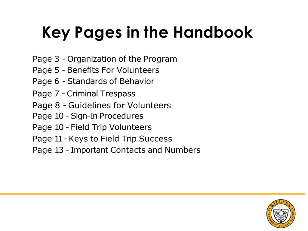 key pages in the handbook