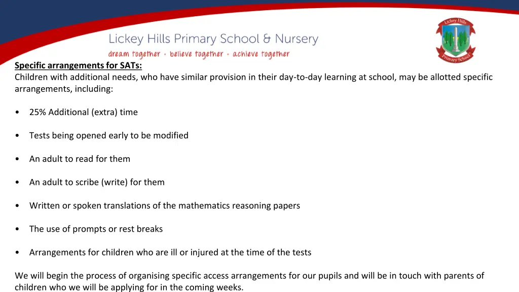 specific arrangements for sats children with