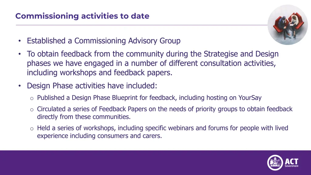 commissioning activities to date