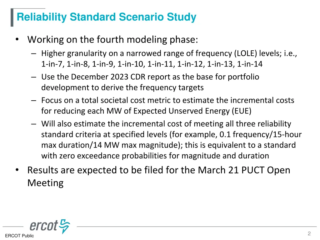 reliability standard scenario study