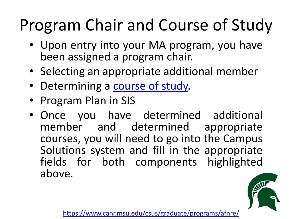 program chair and course of study upon entry into