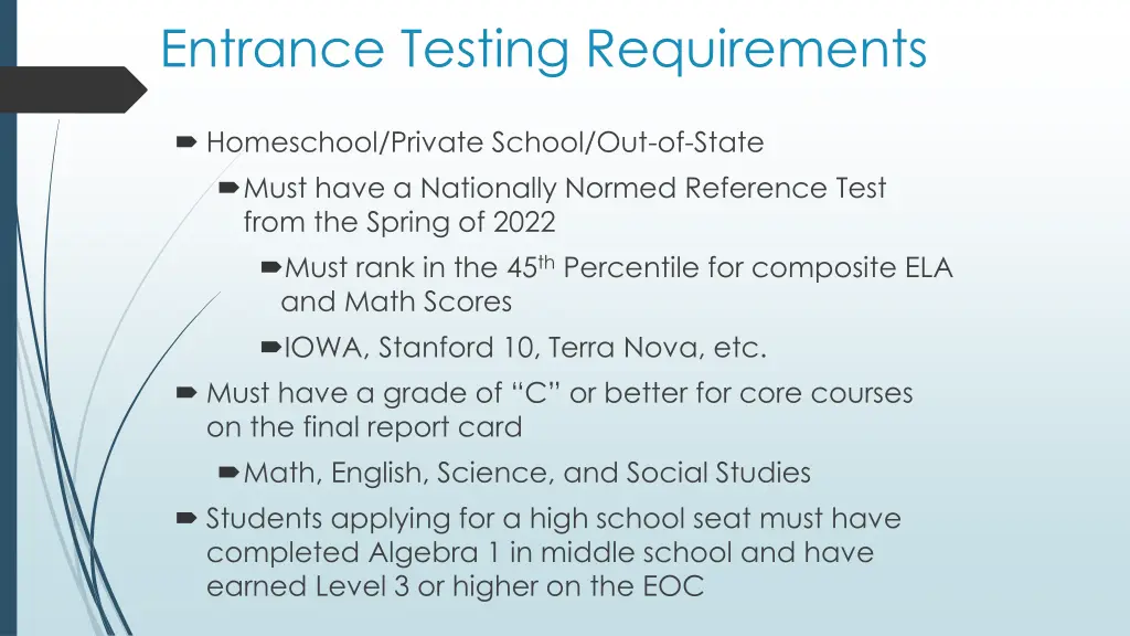 entrance testing requirements