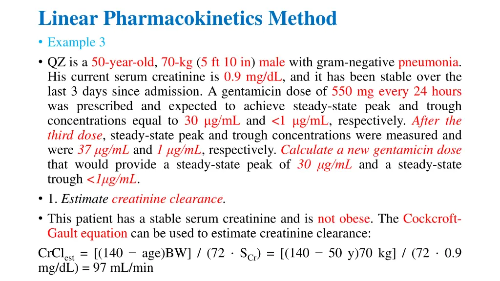 linear pharmacokinetics method example 1