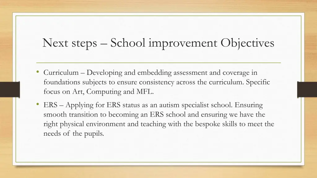 next steps school improvement objectives