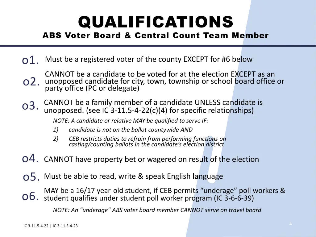qualifications abs voter board central count team