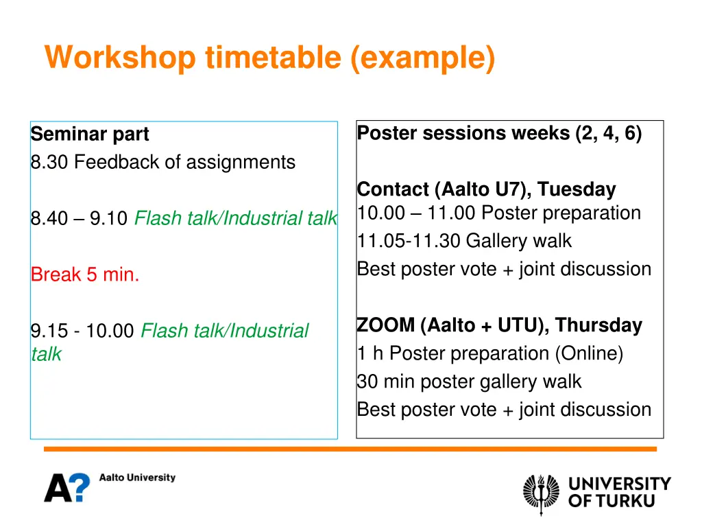 workshop timetable example