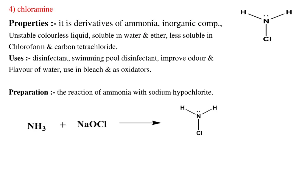 4 chloramine properties it is derivatives