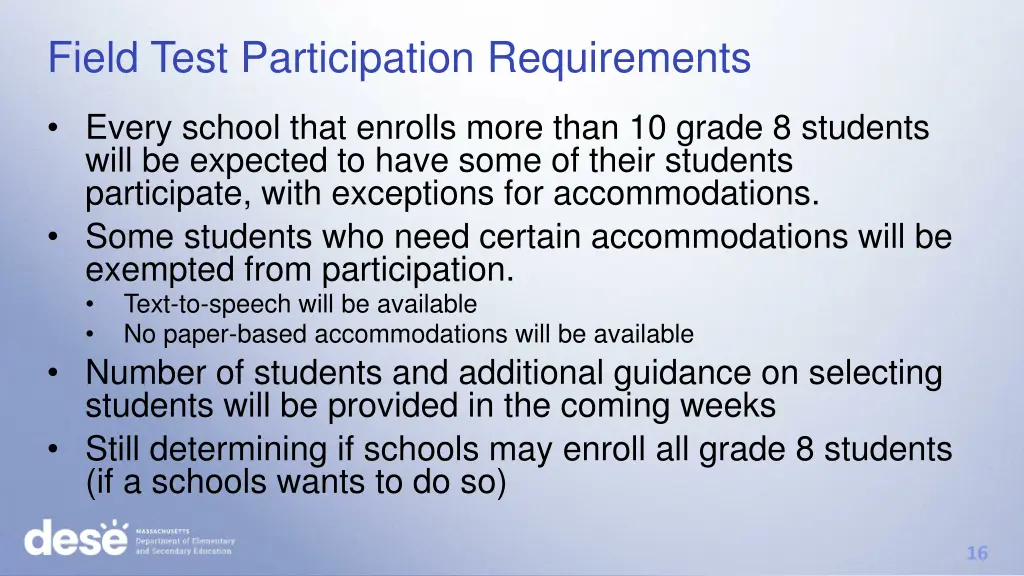 field test participation requirements