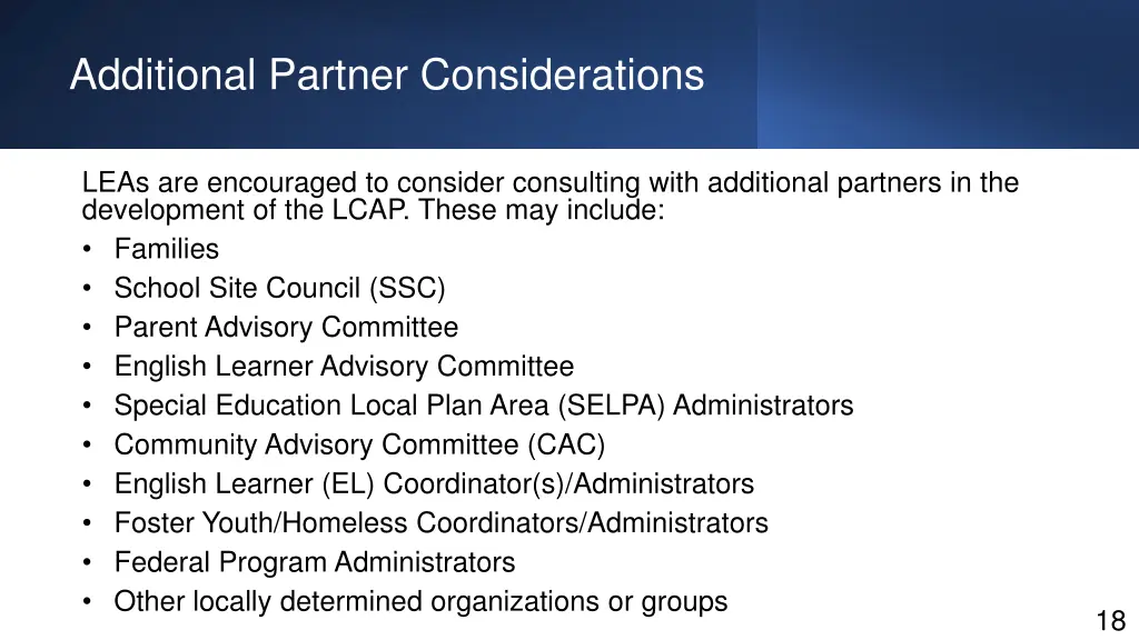 additional partner considerations