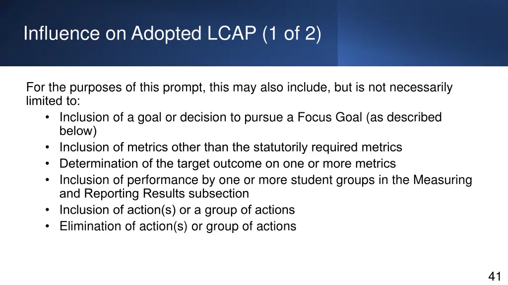 influence on adopted lcap 1 of 2