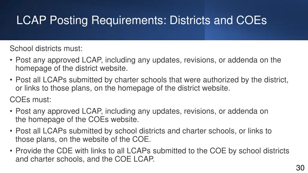 lcap posting requirements districts and coes