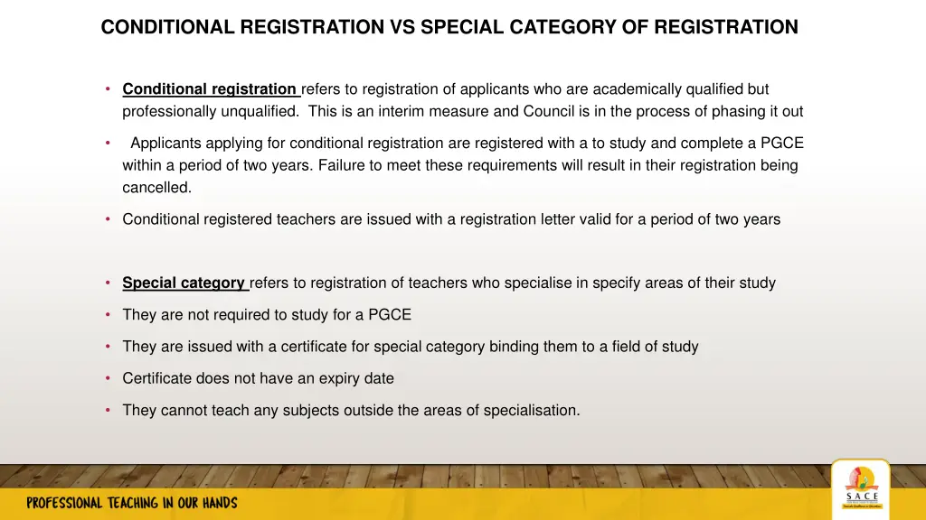 conditional registration vs special category