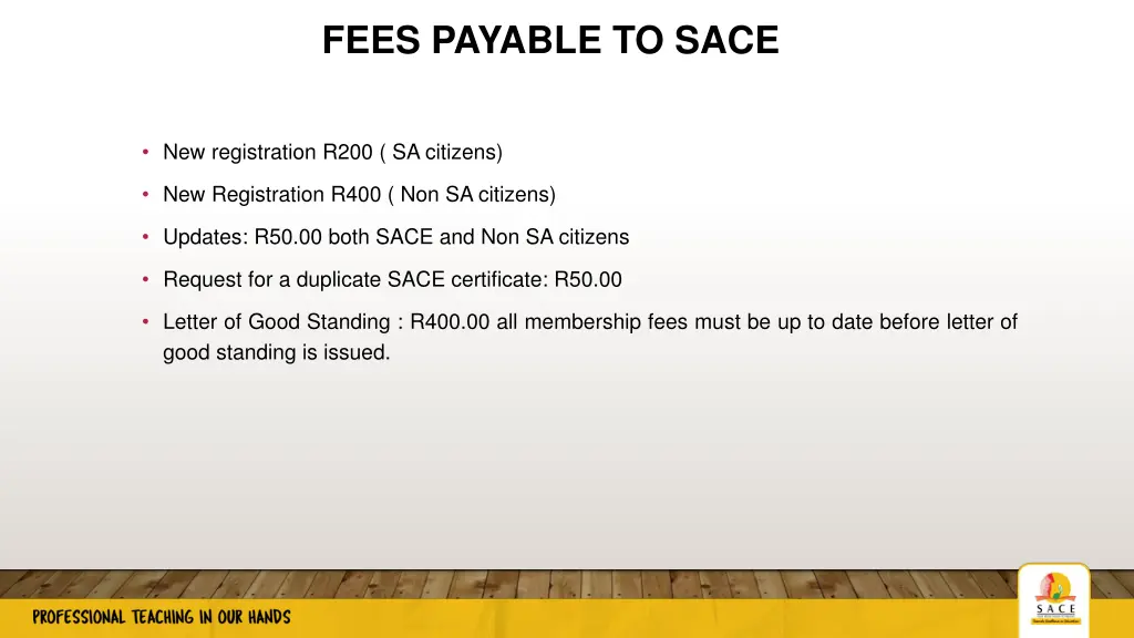 fees payable to sace