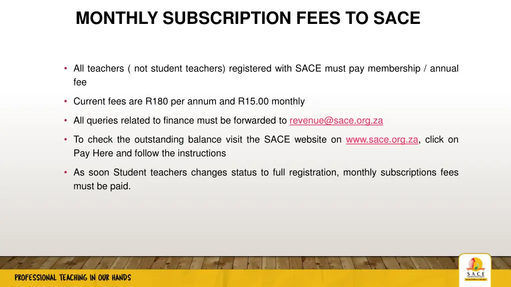 monthly subscription fees to sace