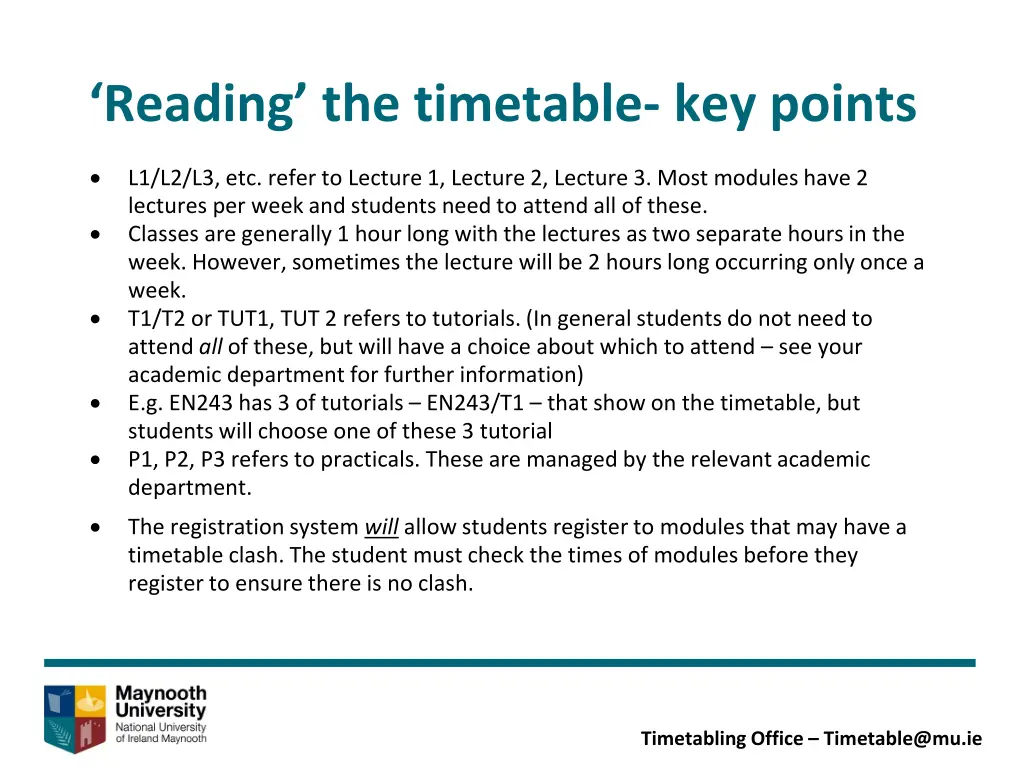 reading the timetable key points