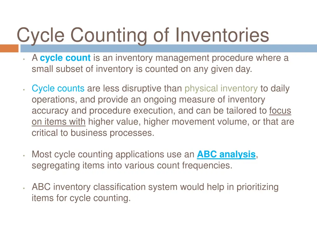 cycle counting of inventories