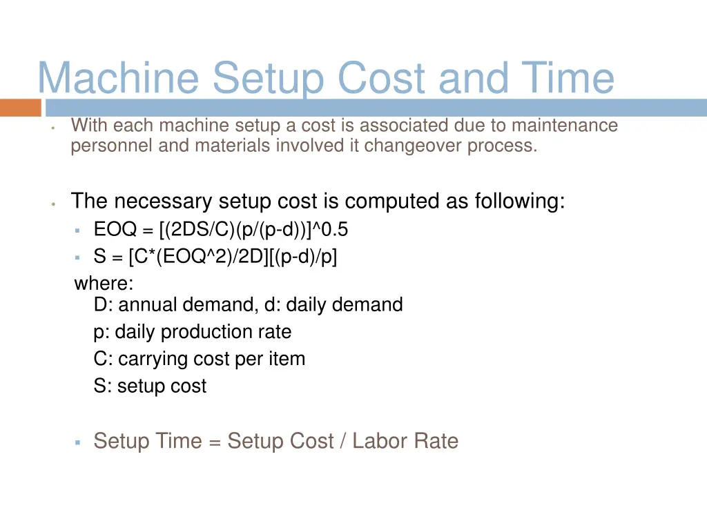 machine setup cost and time