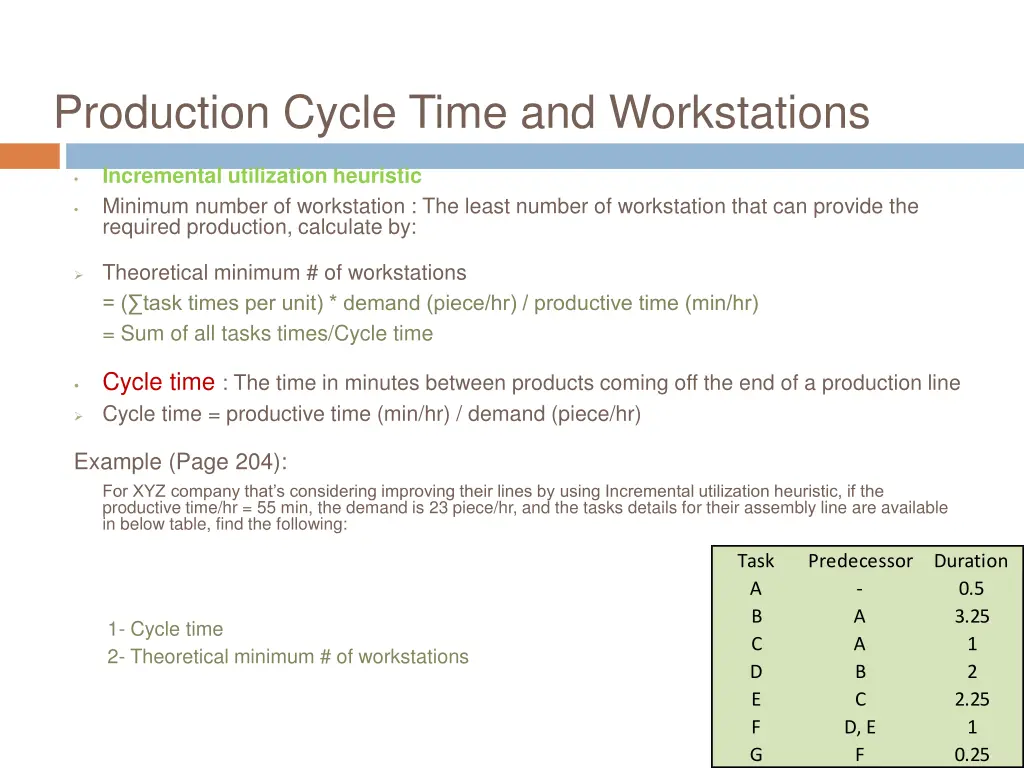 production cycle time and workstations