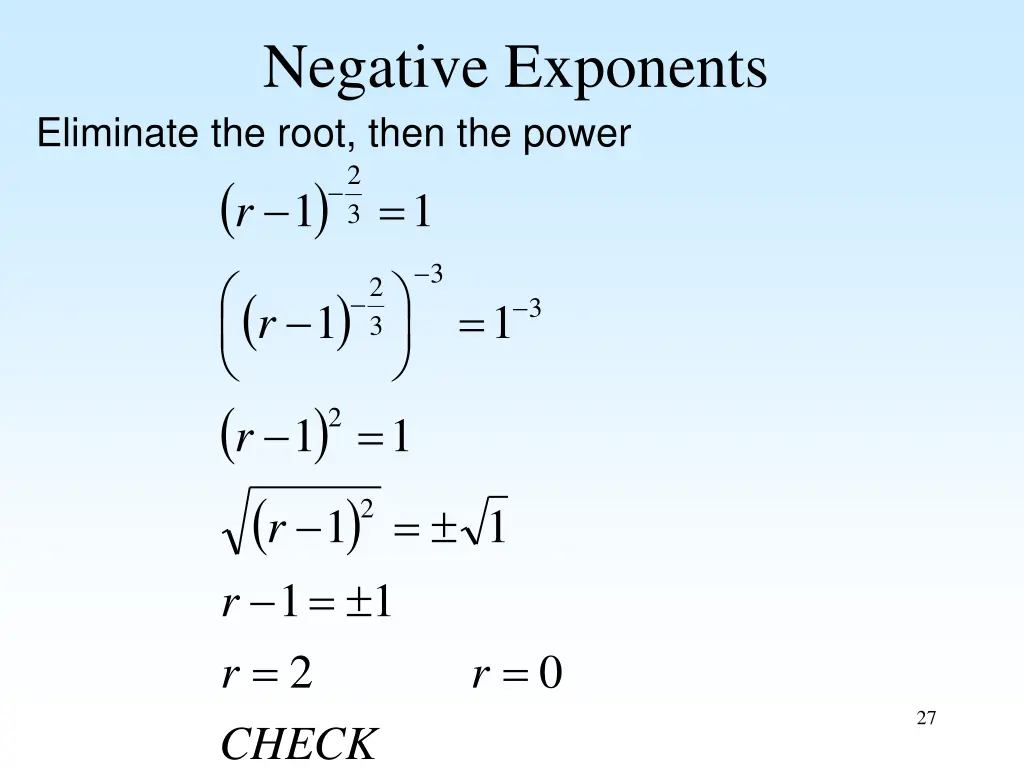 negative exponents eliminate the root then