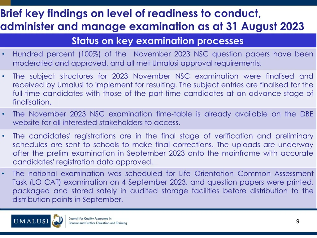 brief key findings on level of readiness
