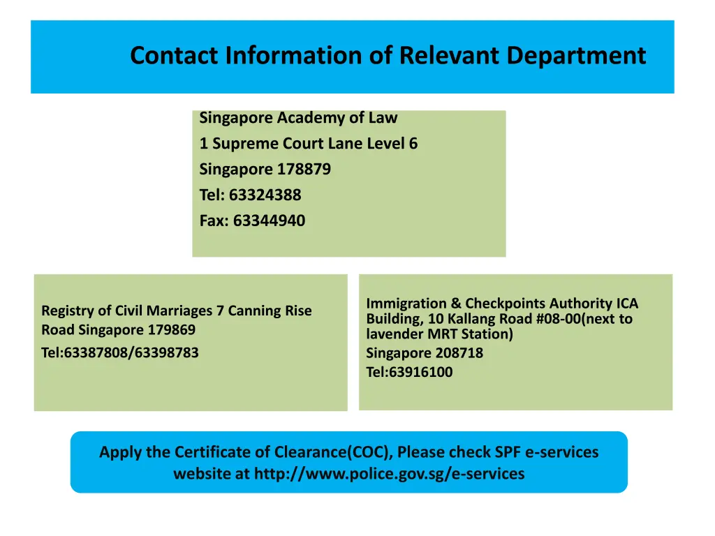 contact information of relevant department