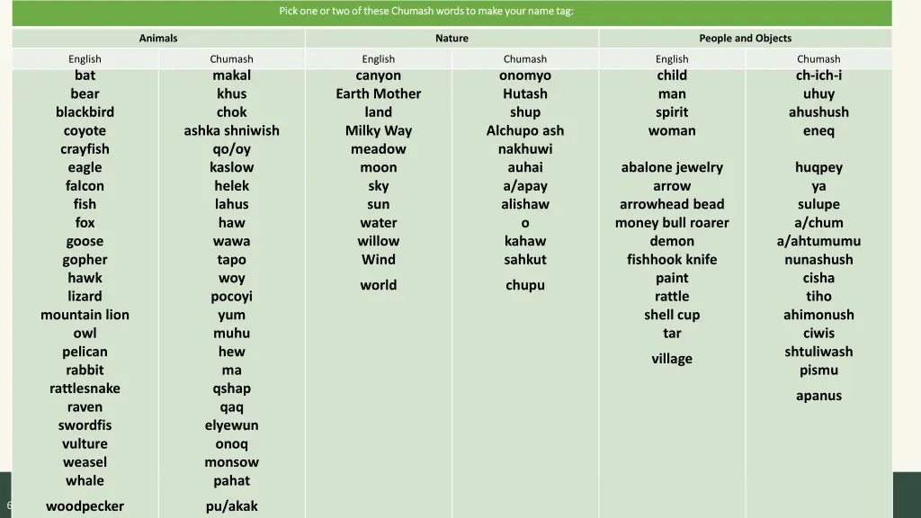 pick one or two of these chumash words to make