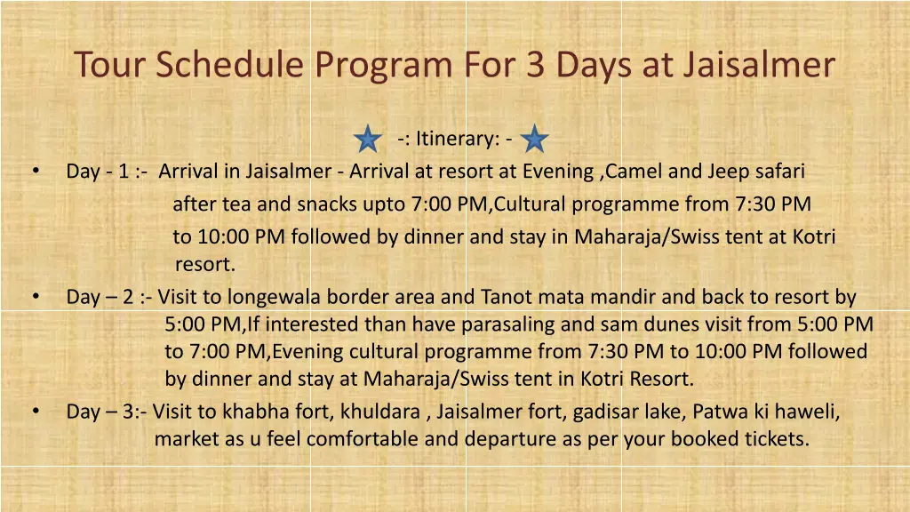 tour schedule program for 3 days at jaisalmer