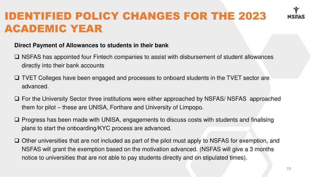 identified policy changes for the 2023 academic 2