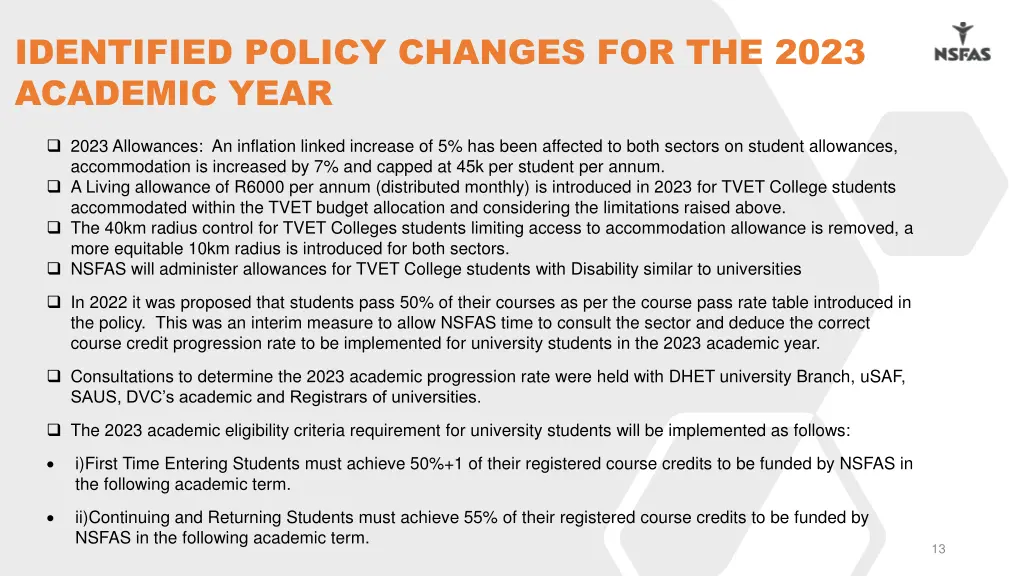 identified policy changes for the 2023 academic