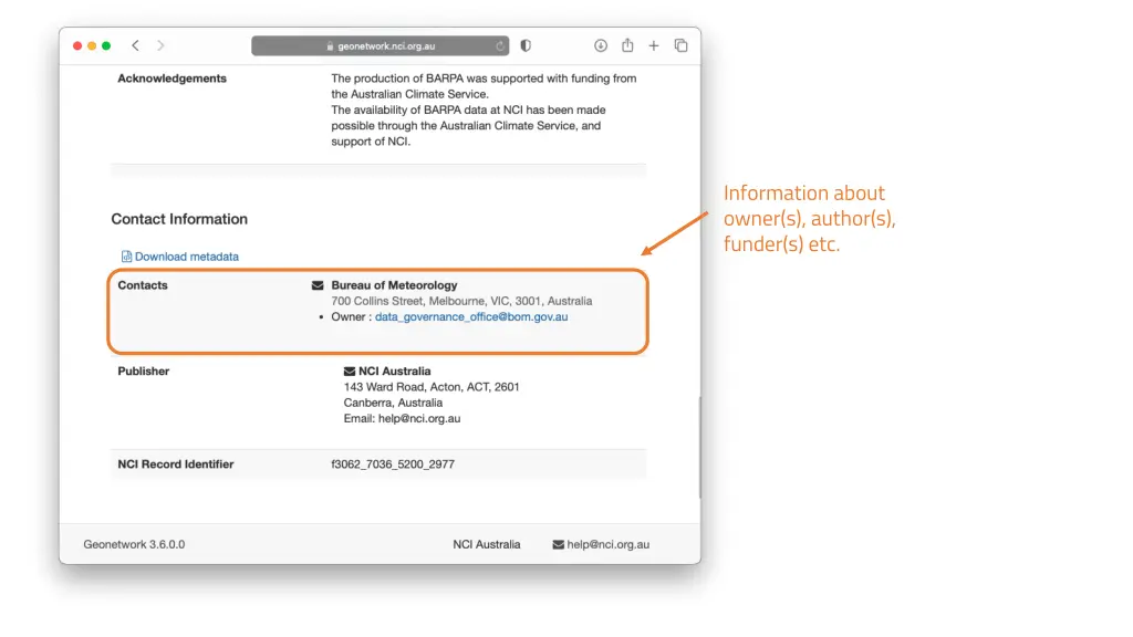 information about owner s author s funder s etc