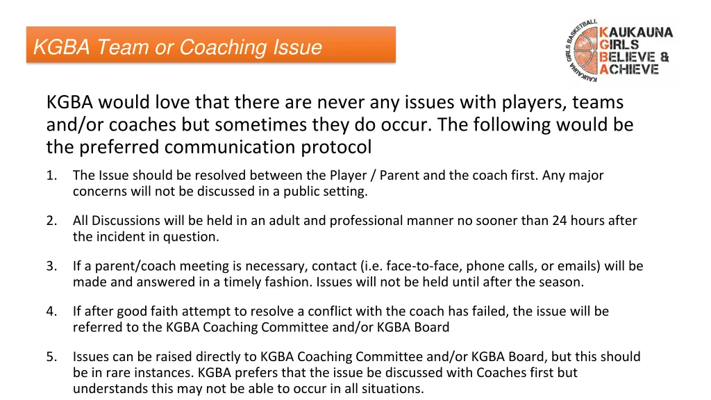 kgba team or coaching issue