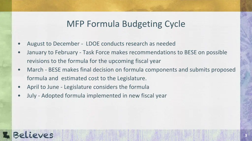 mfp formula budgeting cycle
