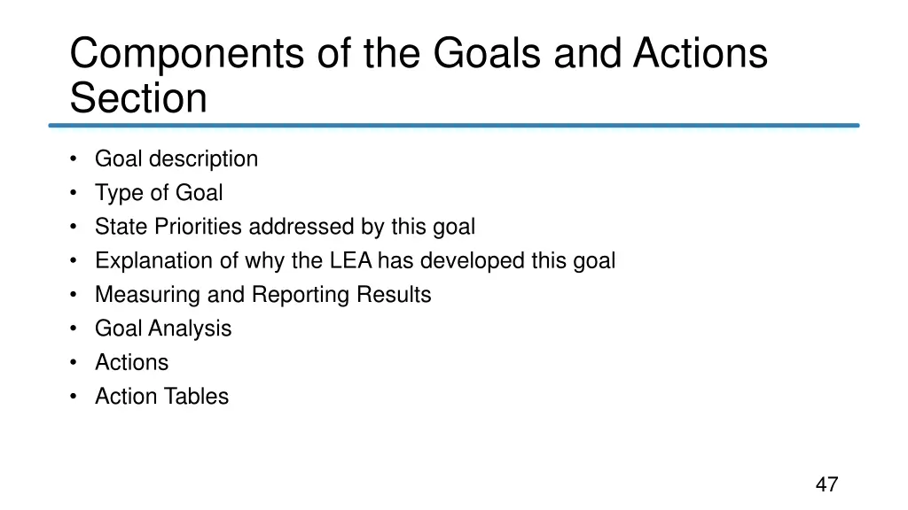 components of the goals and actions section