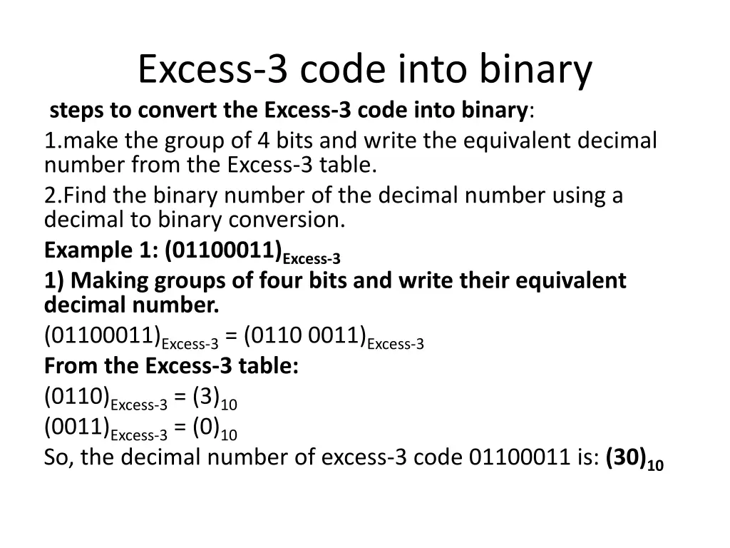 excess 3 code into binary steps to convert