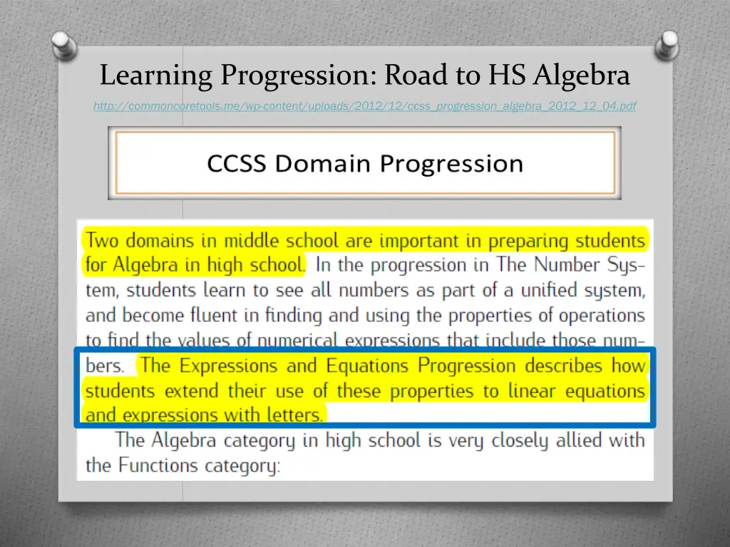 learning progression road to hs algebra