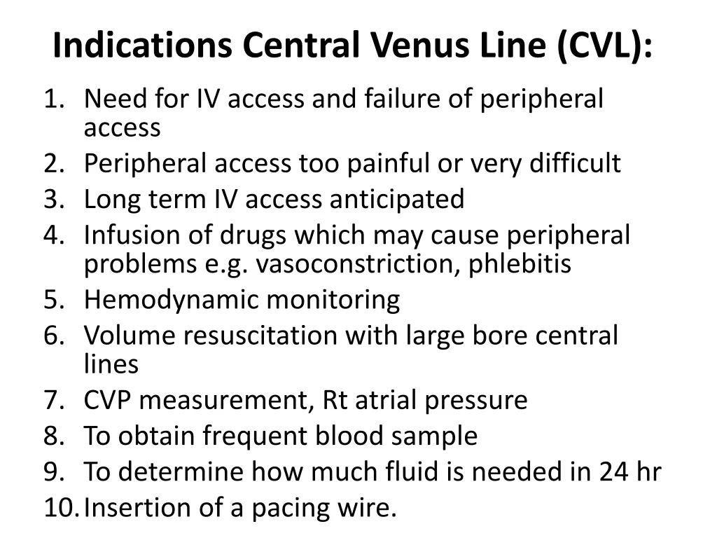 indications central venus line cvl