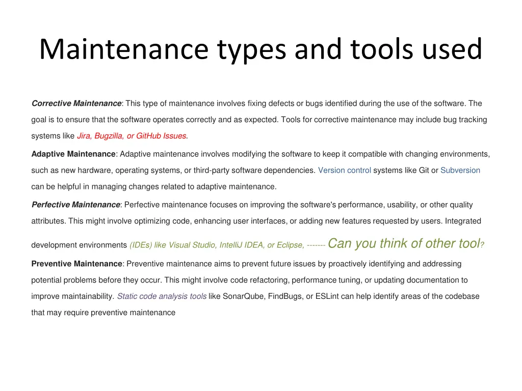 maintenance types and tools used