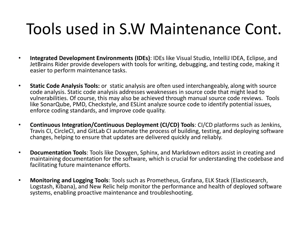 tools used in s w maintenance cont