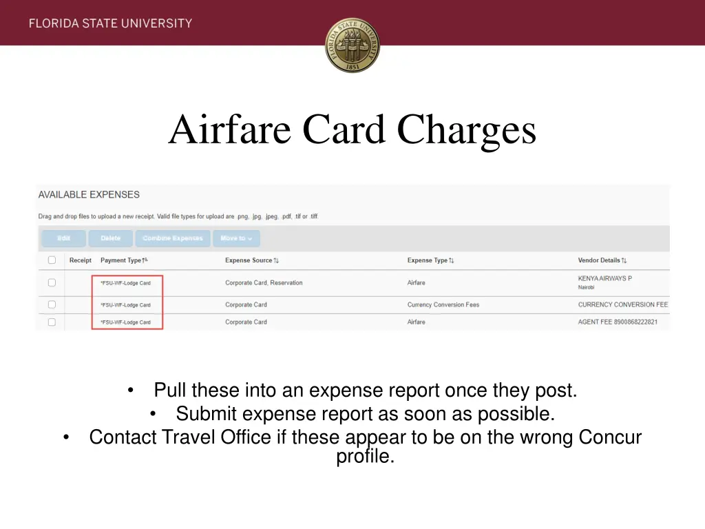 airfare card charges