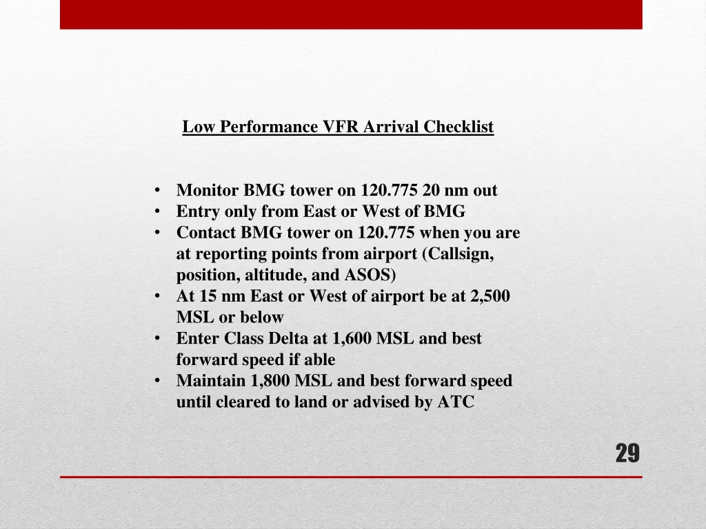 low performance vfr arrival checklist