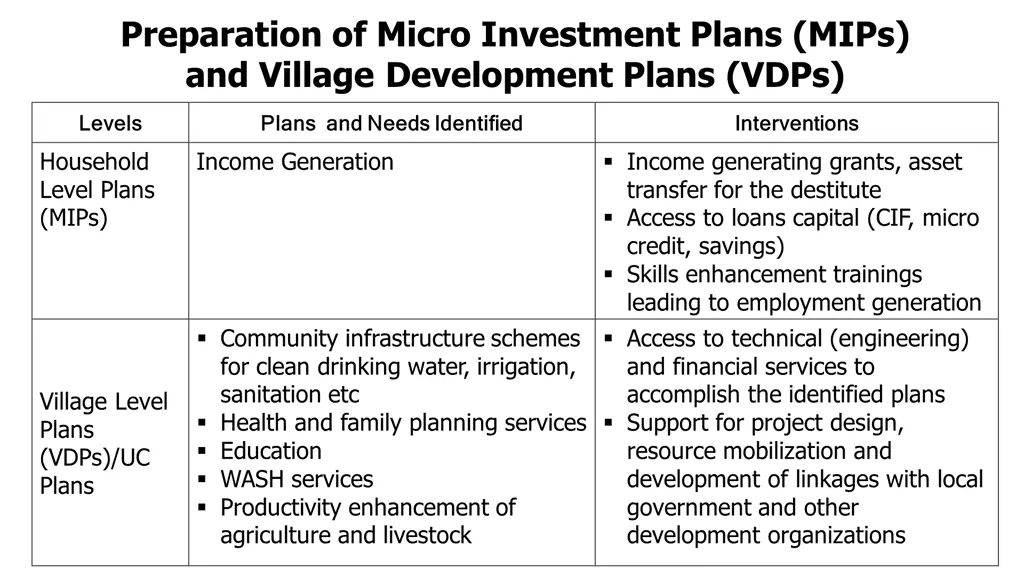 preparation of micro investment plans mips